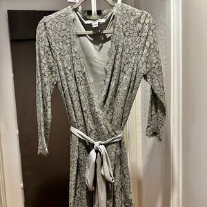Diane Von Furstenberg Womens Julianna Wrap Dress 14 Silver Gray Lace 3/4 Sleeve